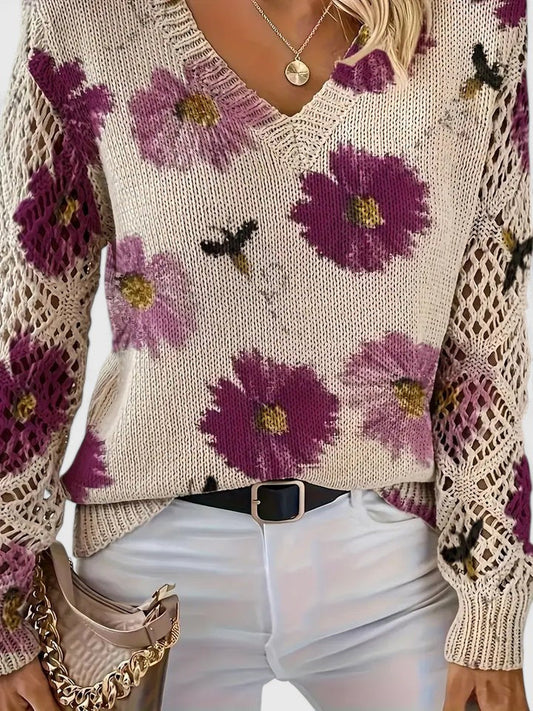 Ameriga | Cold-Weather V-Neck Floral Versatility Cardigan