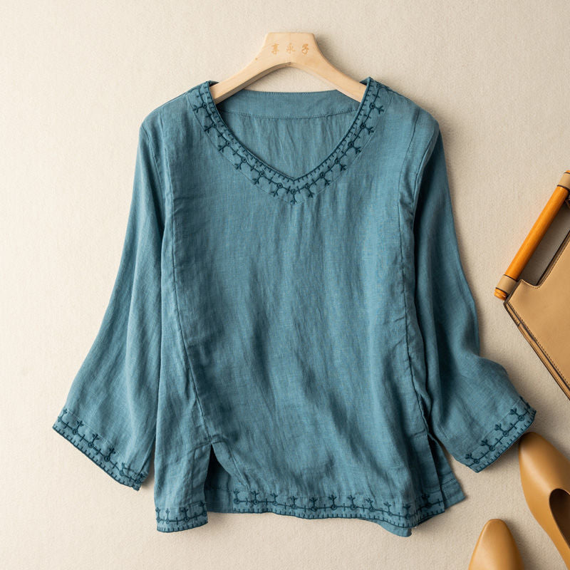 Mary(TM) | Weekend Embroidered Pattern Drape Blouse