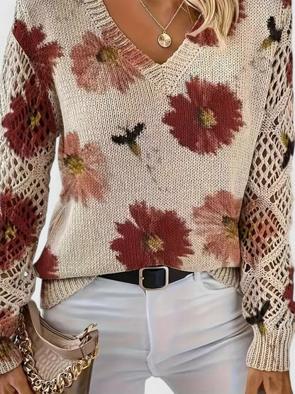 Ameriga | Cold-Weather V-Neck Floral Versatility Cardigan