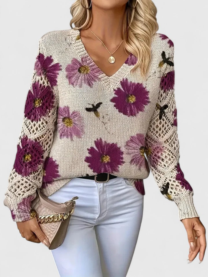 Ameriga | Cold-Weather V-Neck Floral Versatility Cardigan