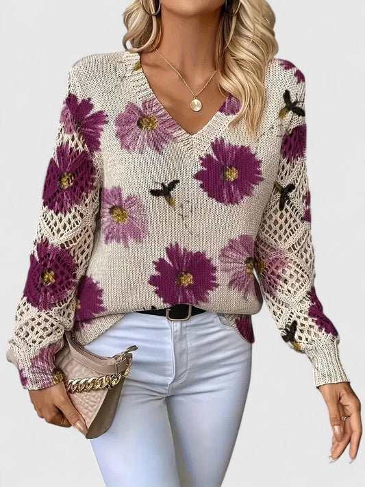 Ameriga | Cold-Weather V-Neck Floral Versatility Cardigan