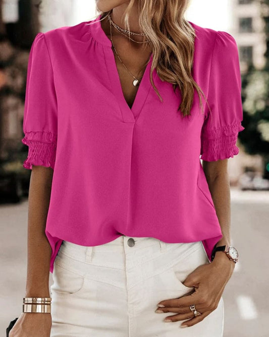Maya | Fuchsia V-Neck Puff Sleeve Top