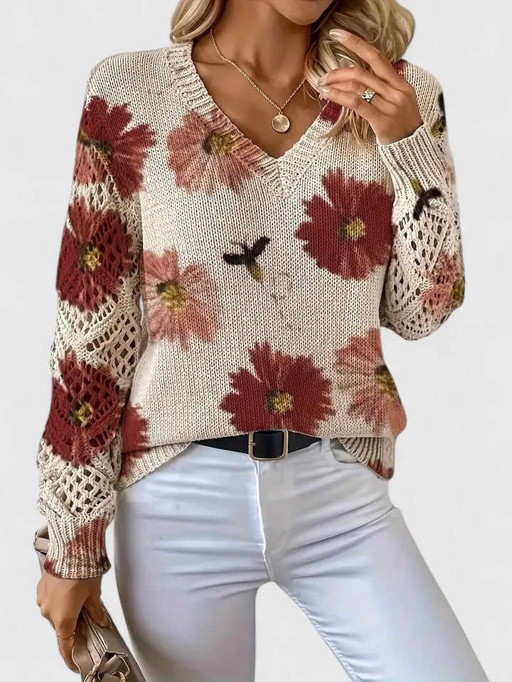 Ameriga | Cold-Weather V-Neck Floral Versatility Cardigan