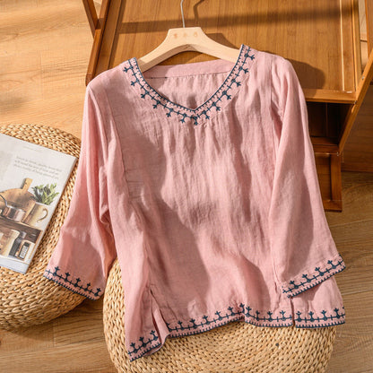 Mary(TM) | Weekend Embroidered Pattern Drape Blouse