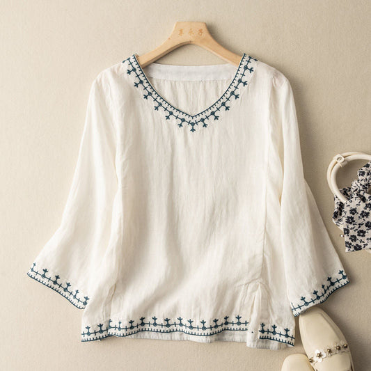 Mary(TM) | Weekend Embroidered Pattern Drape Blouse