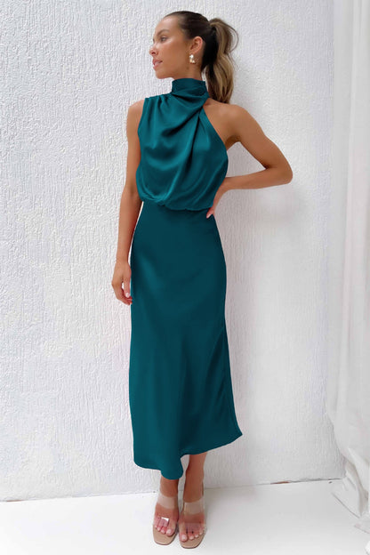 Leonilda | Warm-Weather Satin Halter Flair Dress