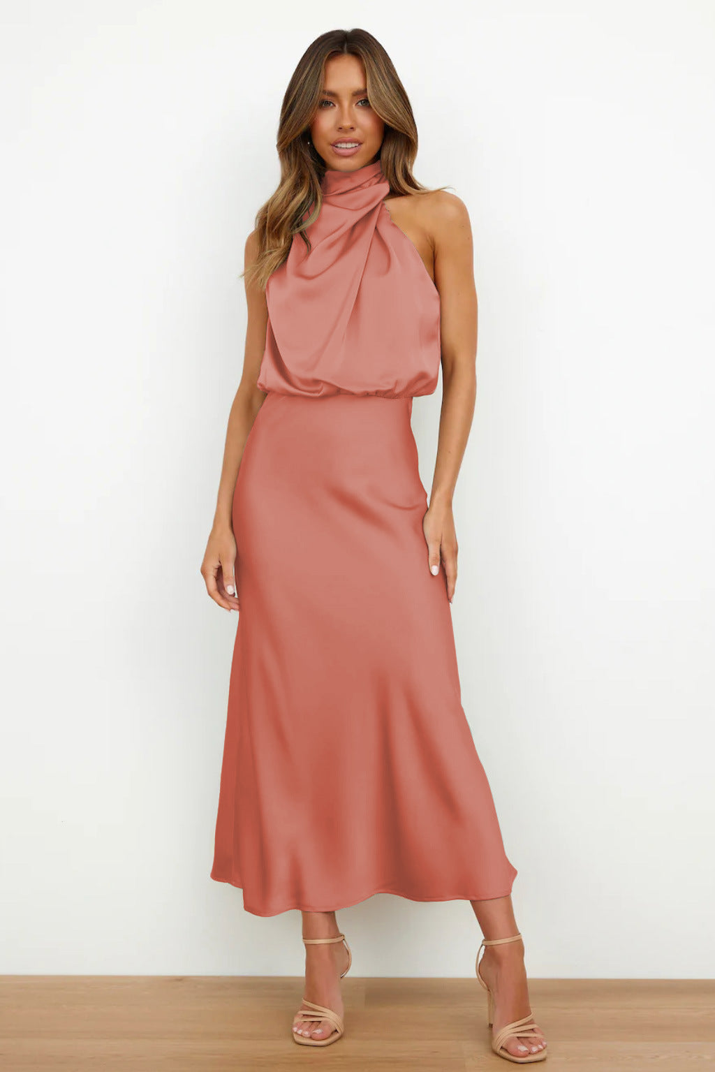 Leonilda | Warm-Weather Satin Halter Flair Dress