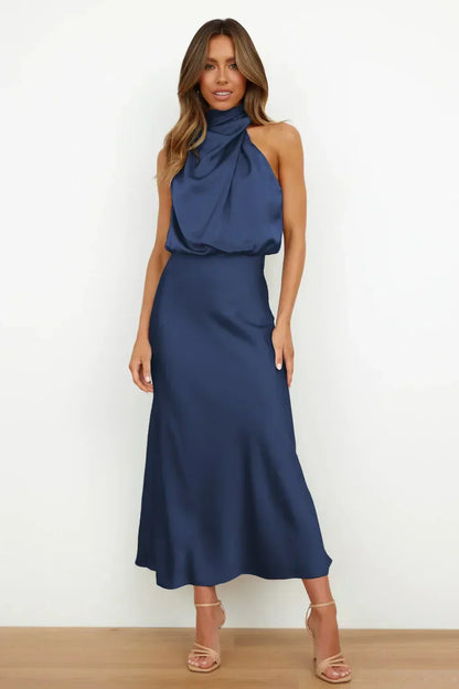 Leonilda | Warm-Weather Satin Halter Flair Dress