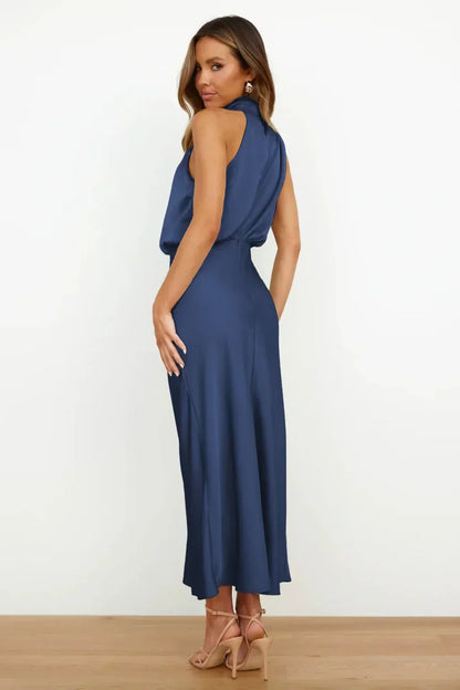 Leonilda | Warm-Weather Satin Halter Flair Dress