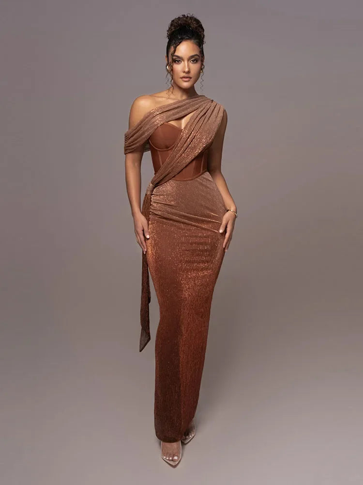 Melania | Feminine Metallic One-Shoulder Piece Dress