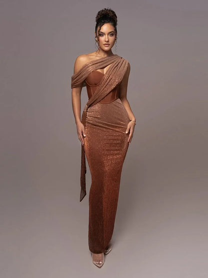 Melania | Feminine Metallic One-Shoulder Piece Dress