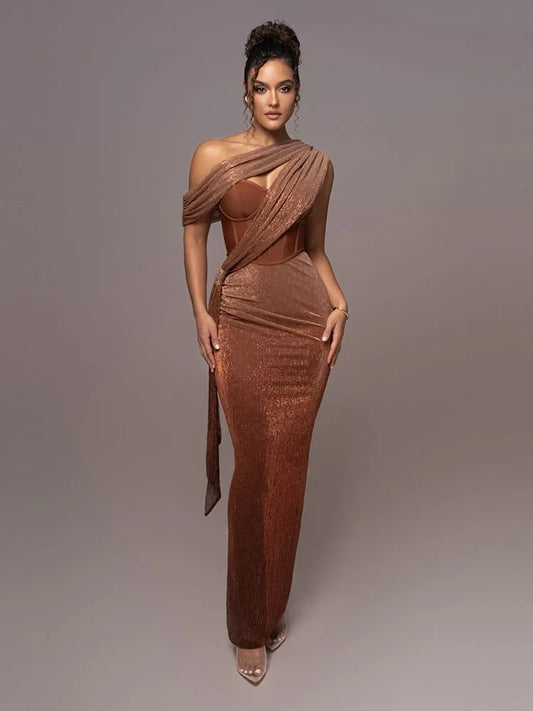 Melania | Feminine Metallic One-Shoulder Piece Dress