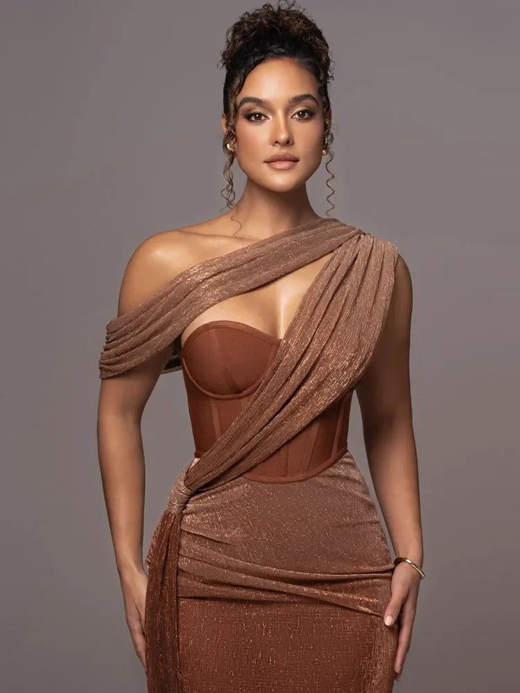 Melania | Feminine Metallic One-Shoulder Piece Dress