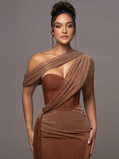 Melania | Feminine Metallic One-Shoulder Piece Dress