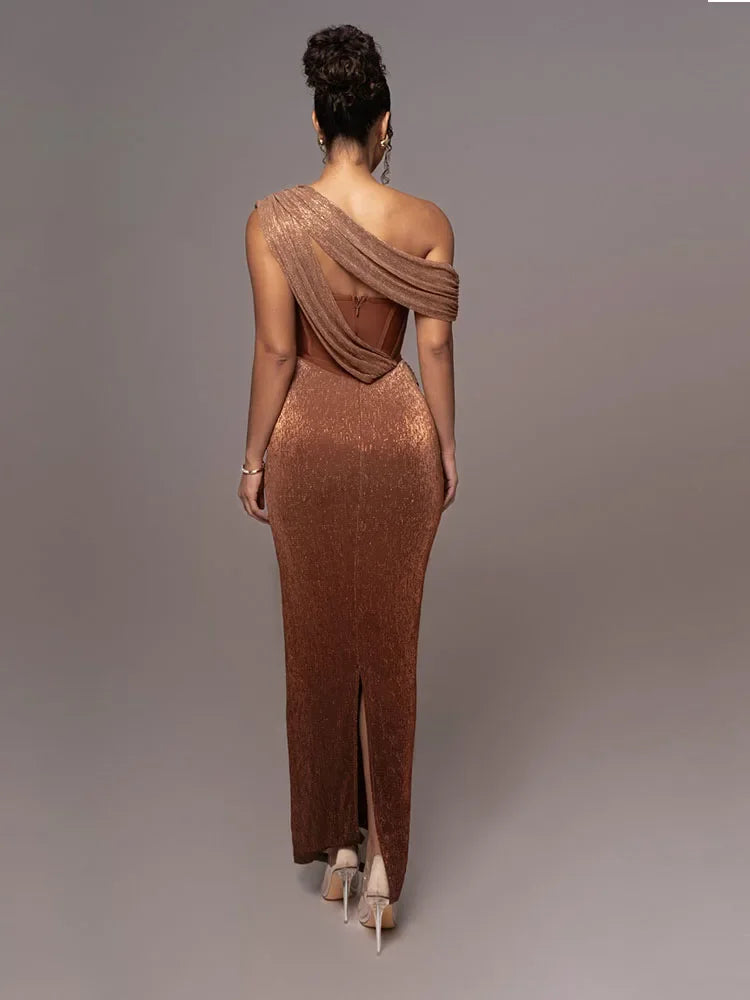 Melania | Feminine Metallic One-Shoulder Piece Dress