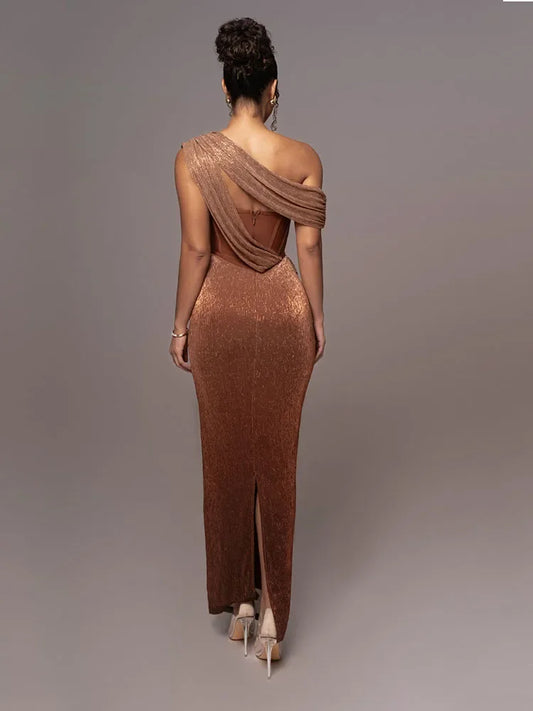 Melania | Feminine Metallic One-Shoulder Piece Dress