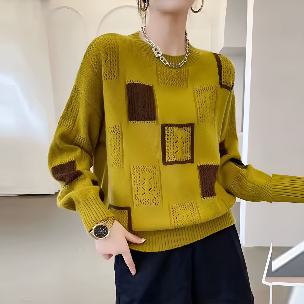 Asoliva | Cold-Weather Square Pattern Coziness Sweater