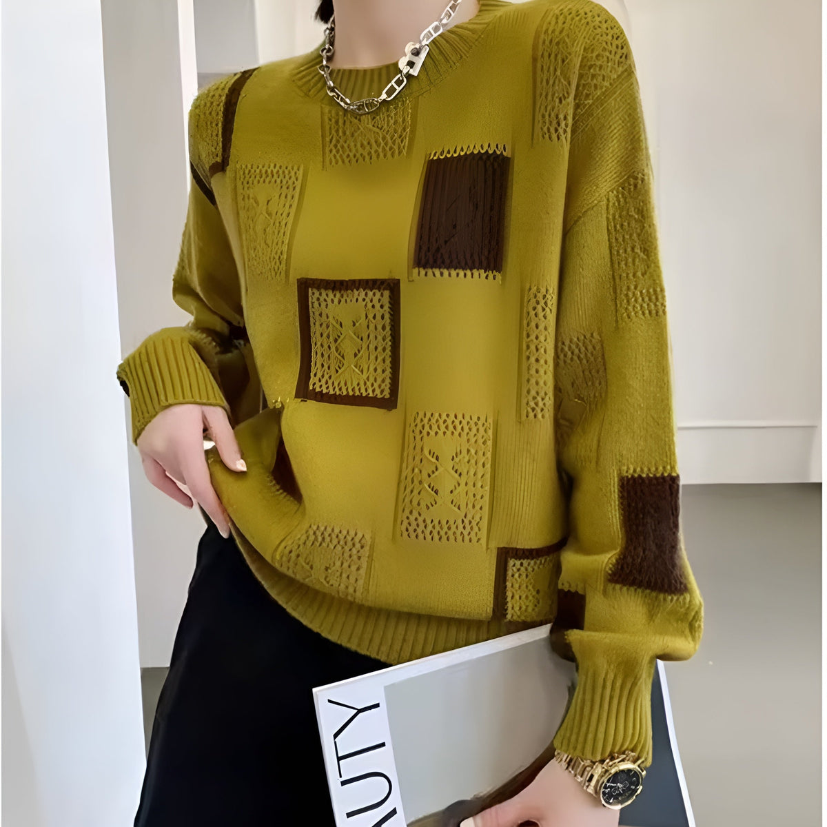 Asoliva | Cold-Weather Square Pattern Coziness Sweater