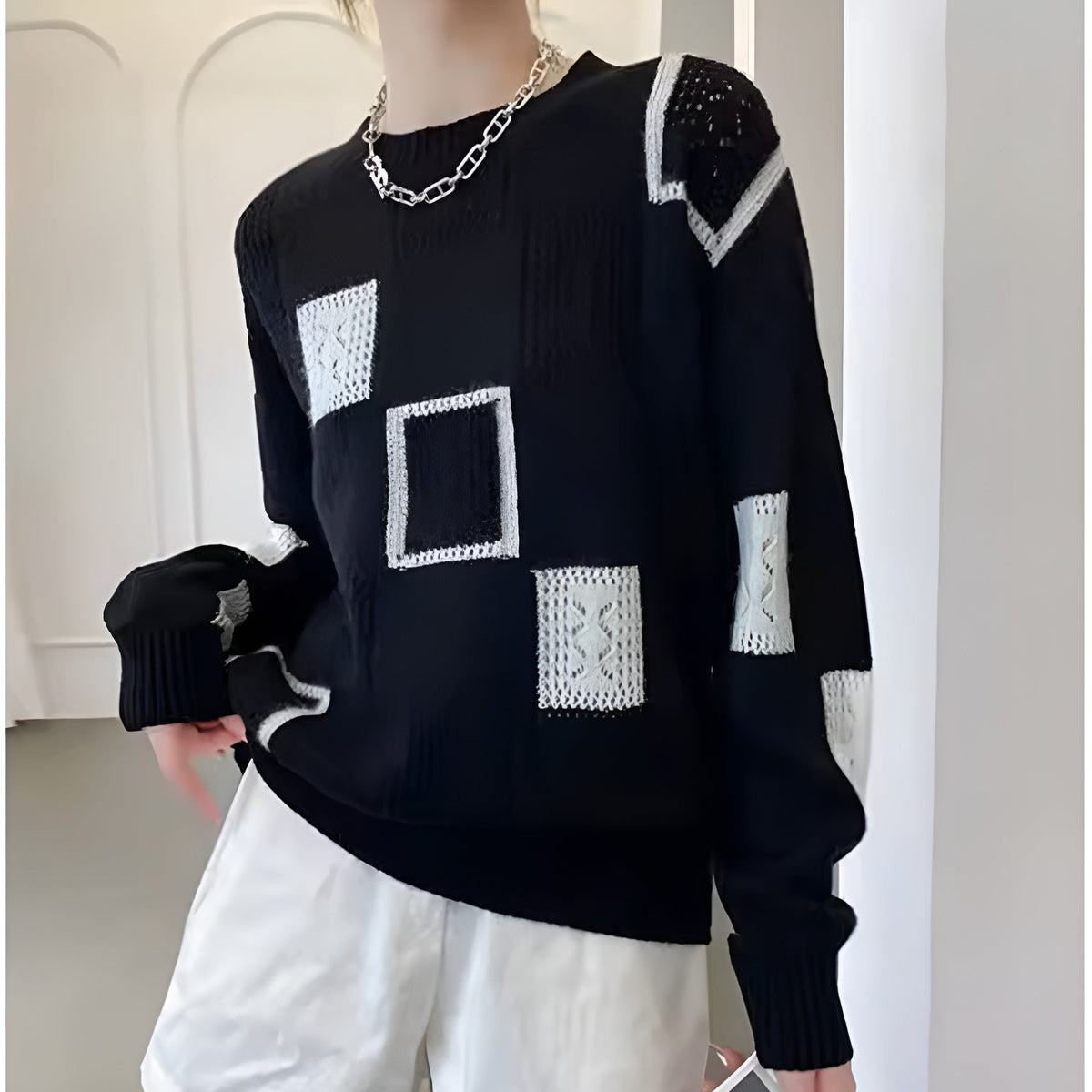 Asoliva | Cold-Weather Square Pattern Coziness Sweater