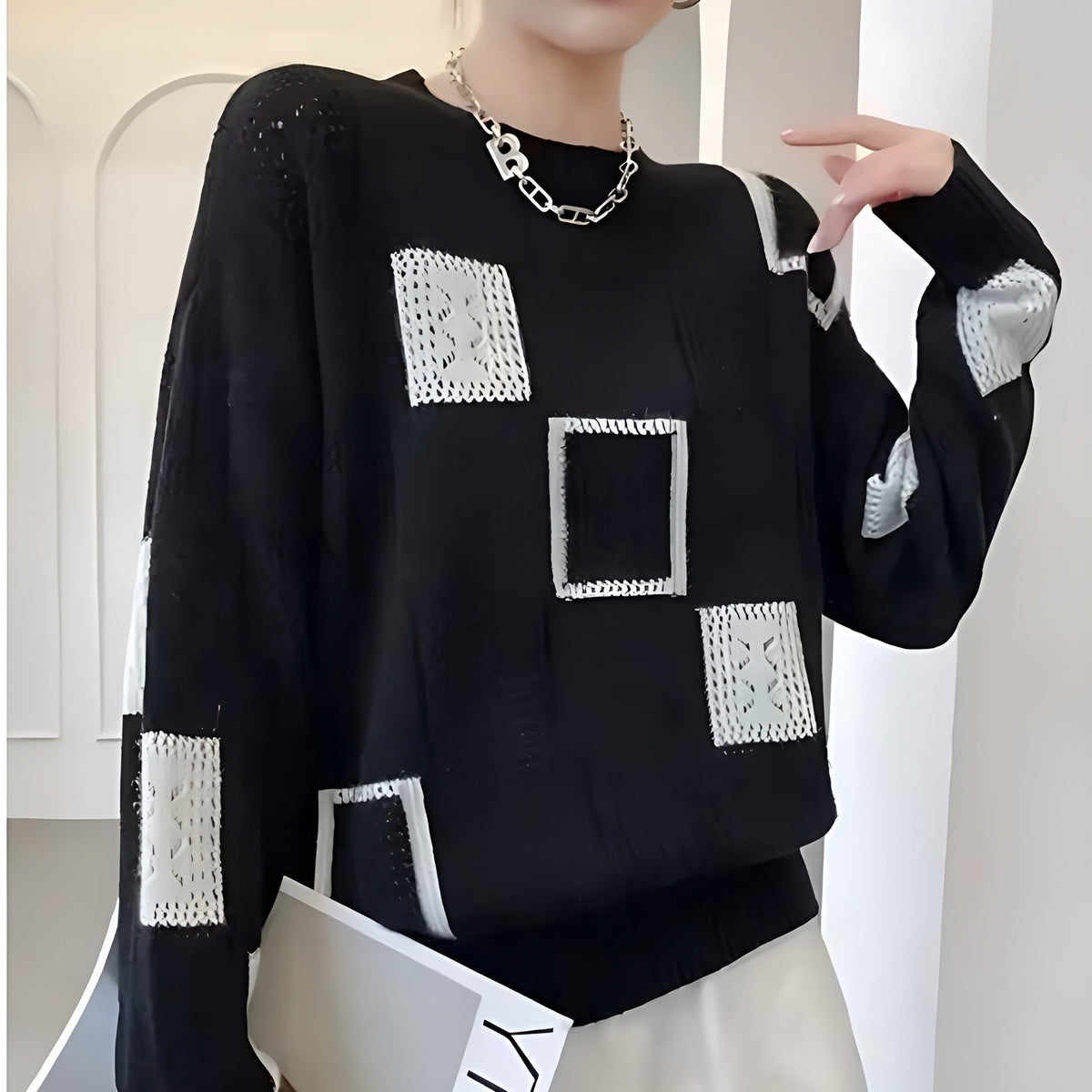 Asoliva | Cold-Weather Square Pattern Coziness Sweater