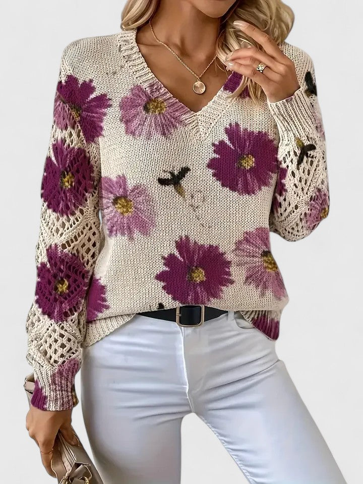 Ameriga | Cold-Weather V-Neck Floral Versatility Cardigan